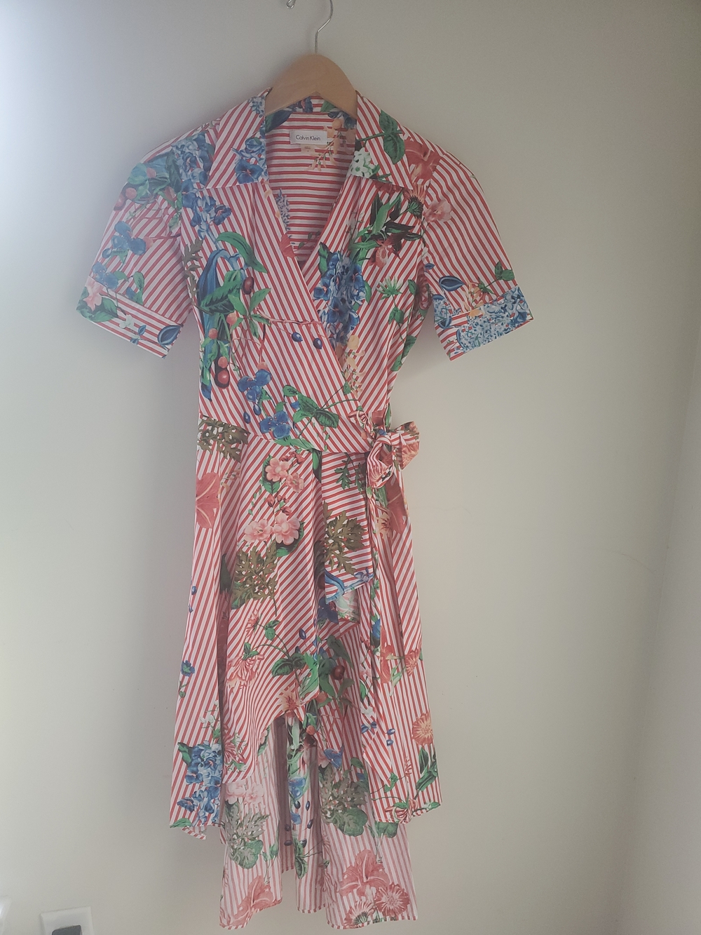 Mothers Day! Calvin Klein Floral & Stripe Wrap Dress - Coral, Blue, Green